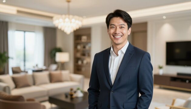 Professional man smiling in modern living room business environment portrait bright and inviting friendly concept