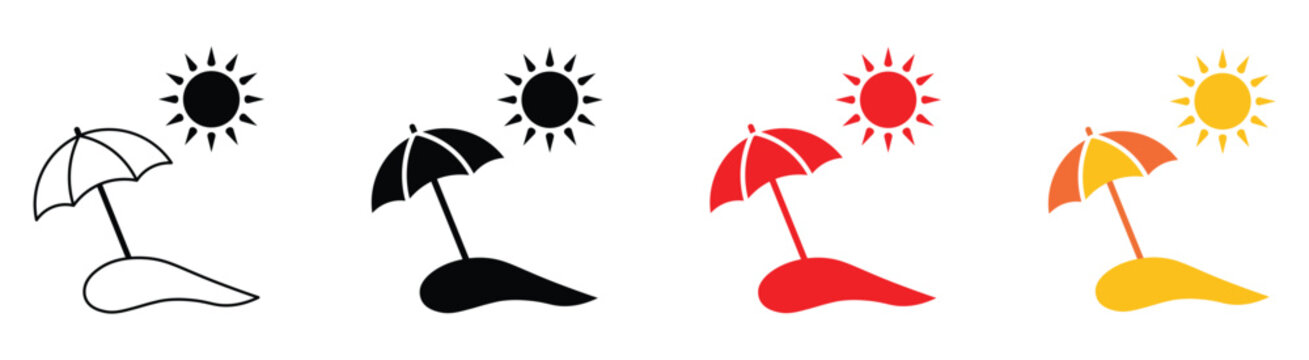 Beach umbrella parasol icon collection. Linear summer vacation symbols for seaside holiday travel, sun and sea relaxation.  Minimal vector illustration and transparent png