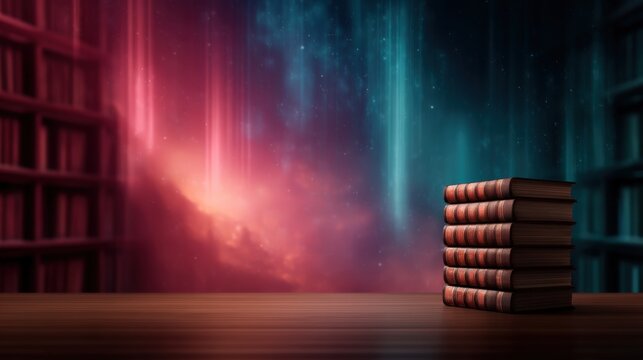 A stack of vintage books rests on a wooden surface against a backdrop of glowing, ethereal blue and red light streaks in a dimly lit library.
