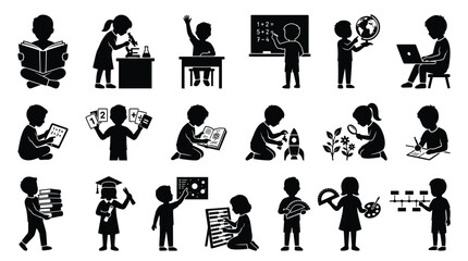 Obraz premium Education and learning silhouette icons set showing children studying science math and technology art.