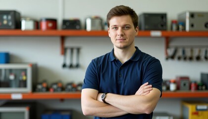 Fototapeta premium Professional technician posing in workshop industrial setting portrait photography engaging environment confident viewpoint
