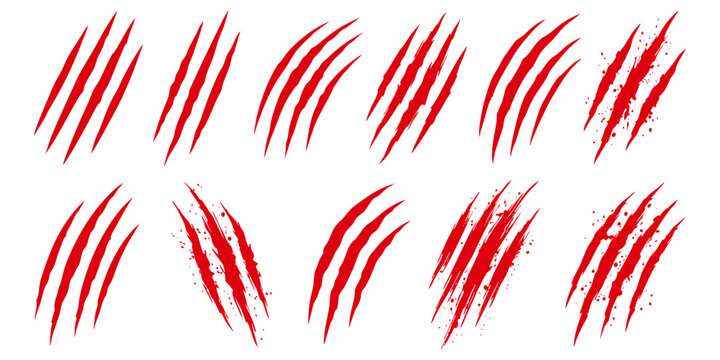 Set of red claw scratches, animal slash marks, wild beast attack signs