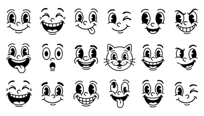 Set of vintage cartoon faces with various expressions, retro 1930s rubber hose animation style, collection of funny character eyes and mouths © Tanjir
