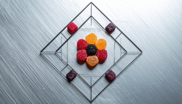Artfully arranged mixed berry fruit gems in a geometric pattern on a textured surface