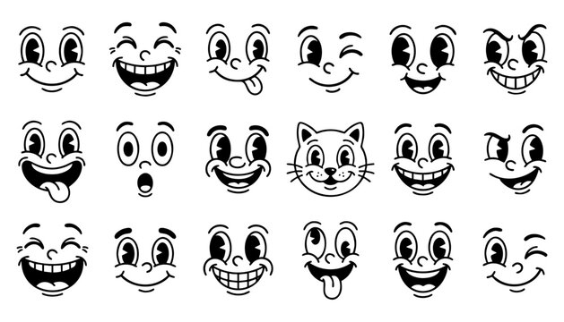 Set of vintage cartoon faces with various expressions, retro 1930s rubber hose animation style, collection of funny character eyes and mouths