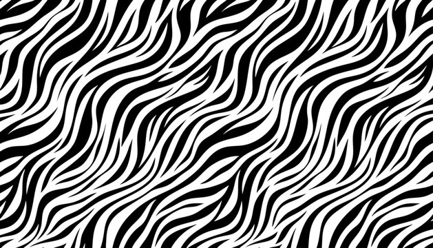 Seamless zebra pattern, animal print background, black and white wavy stripes texture, vector illustration