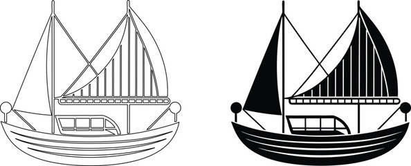 Sailboat with two masts and sails, vintage style, sailing vessel for ocean or sea adventure. © Sukumar