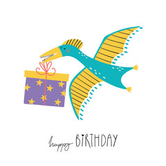 Cute pterodactyl carrying gift box for birthday celebration. Adorable hand drawn dinosaur illustration with happy birthday lettering. For kids cards, nursery decor, party invitations, posters  © Irina Ostapenko