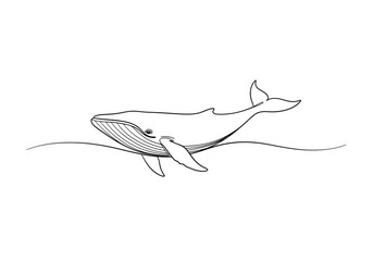 Continuous one line drawing of a majestic whale swimming in ocean waves with sea life © Vector Line