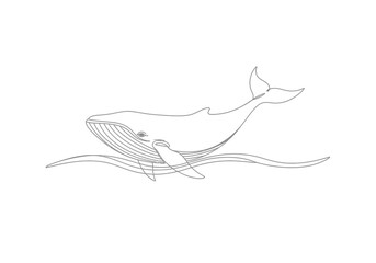 Continuous single line drawing of a whale gliding through stylized waves with sea life © Vector Line