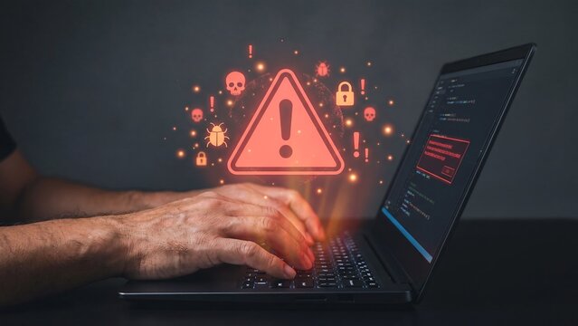 Hands typing on laptop with glowing red holographic warning triangle, skull, bug, and padlock danger icons floating above keyboard. Concept of cyber attack, malware threat, ransomware infection