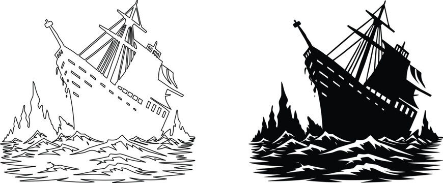 Sunken ship icons in line art and black silhouette style representing shipwreck in rough ocean sea.
