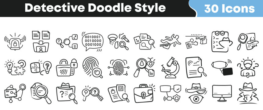 Collection of hand drawn detective icons in a doodle style