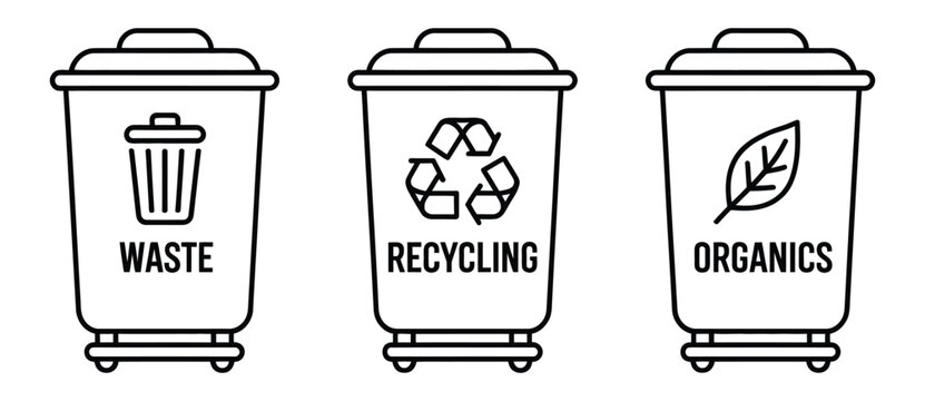 Recycling bins icons, organic waste and compost bins silhouette line drawings, clean vector symbols for eco systems