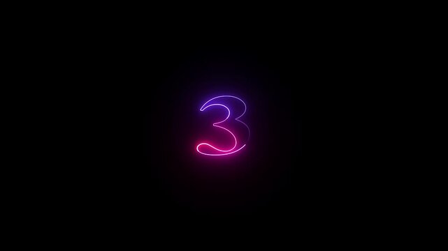 Glowing neon numeric number 3 animation. Red and  Purple neon font alpha number "3" on black background. Educational concept