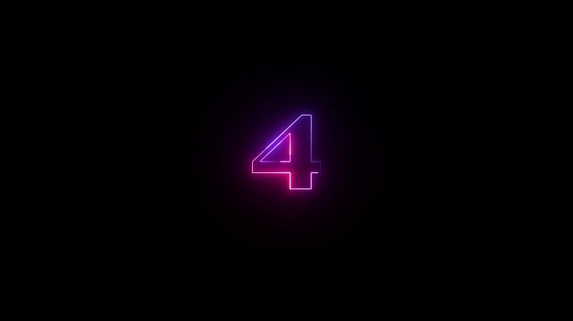 Glowing neon numeric number 4 animation. Red and  Purple neon font alpha number "4" on black background. Educational concept
