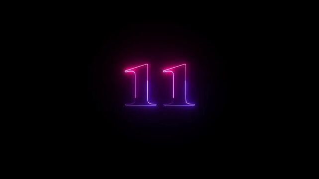 Glowing neon numeric number 11 animation. Red and  Purple neon font alpha number "11" on black background. Educational concept