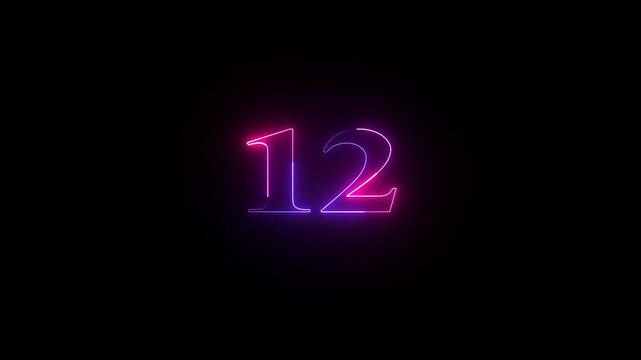 Glowing neon numeric number 12 animation. Red and  Purple neon font alpha number "12" on black background. Educational concept