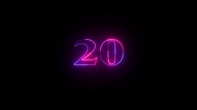 Glowing neon numeric number 20 animation. Red and  Purple neon font alpha number "20" on black background. Educational concept
