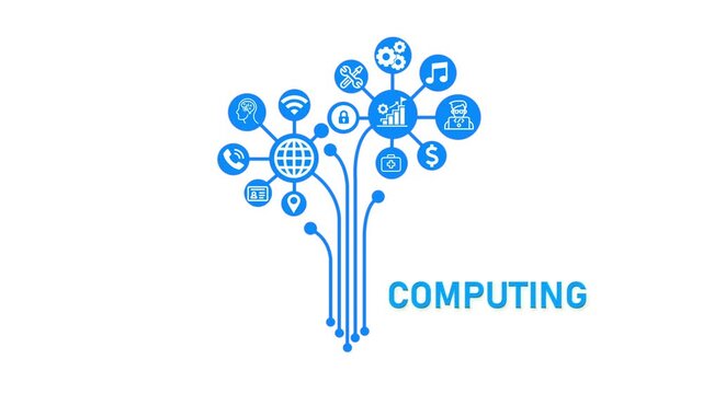 Computing Branding Concept, Futuristic Digital Network with Business and Technology Icons.