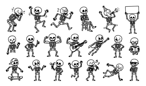Hand drawn funny skeleton symbols with Halloween skull characters and comic bone illustrations vector set