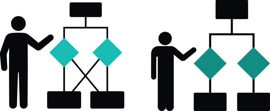 Business people icons presenting organizational flowcharts and decision tree structures for professional management planning strategy development and corporate training purposes.