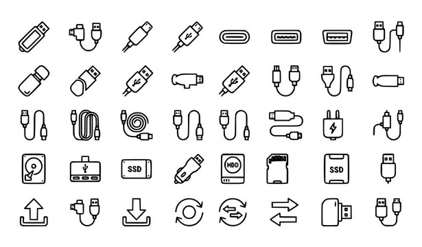 Modern USB technology outline icon collection featuring connectors flash drives cables and digital storage symbols vector set