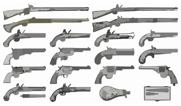 Antique musket and retro pistol sketch set with historical firearms vintage engraving vector illustration