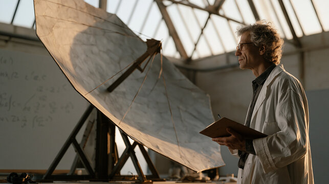 Space solar power antenna array scale model positioned on industrial test stand, engineer with clipboard checking reflector alignment angles, equations written on nearby