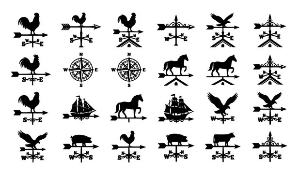 Vintage weather vane silhouette icon set with windvane rooster compass and weathervane symbols vector illustration