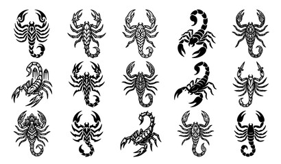 Tribal scorpion tattoo design set with aggressive wild insect engraving style hand drawn vector animal illustration © RUBINA