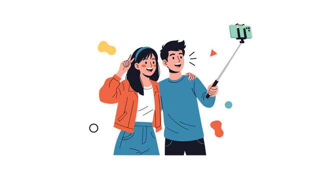 Young happy couple taking a selfie using a selfie stick, smiling and posing for a photo with a trendy and colorful abstract background.