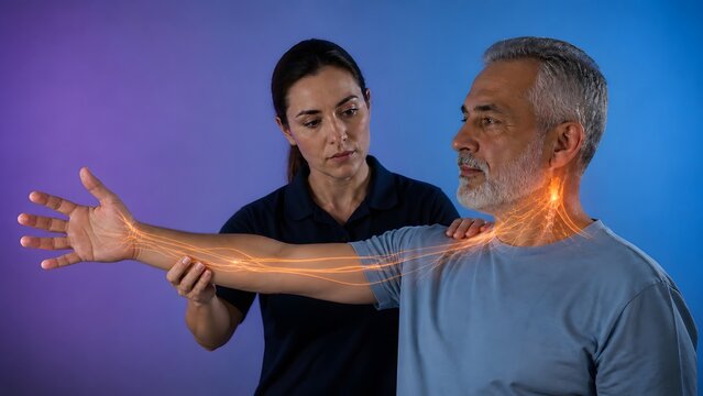 Medical technology, patient and doctor for nerve pain treatment, physical therapy and healthcare diagnostics. Senior man, physiotherapy and nervous system with anatomy, wellness, clinic and healing.