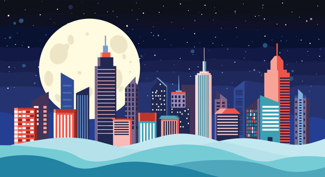 Vibrant night cityscape featuring various colorful skyscrapers and buildings silhouetted against a large full moon and a starry sky.
