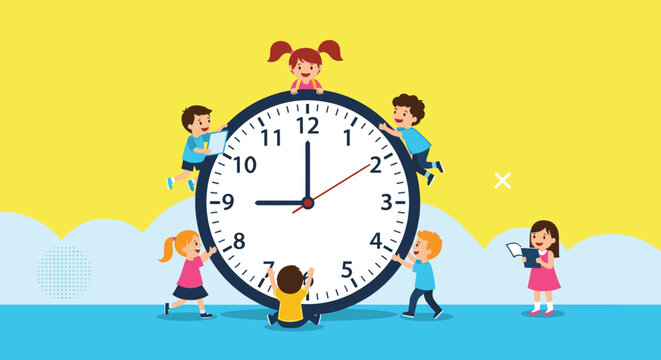 Group of playful young children interacting with a large wall clock while learning how to tell the time in a fun educational setting.
