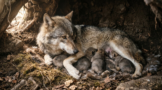 Wolf mother nursing puppies with cinematic lighting and strong maternal instinct concept, World Breastfeeding Day