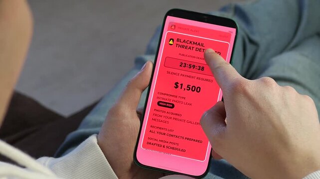 Dramatic smartphone sequence showing a blackmail threat and 1,500 dollars ransom demand for private photos. High-impact footage for cybersecurity awareness, data privacy, and digital crime