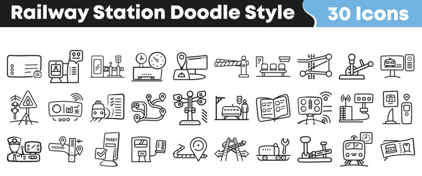Set of hand drawn railway station icons in doodle style