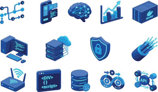 Isometric, tech, vector, icons, DevOps, cloud, computing, server, database, security, network, programming, software, development, container, API, infrastructure, artificial, intelligence, set.
