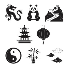 Naklejka premium A set of black and white vector icons representing Chinese culture and symbols