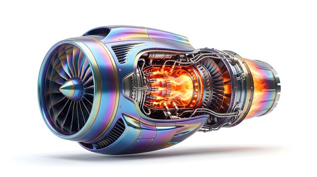 Iridescent Titanium Jet Engine with Flashing Fire Combustion Core Isolated on White Background