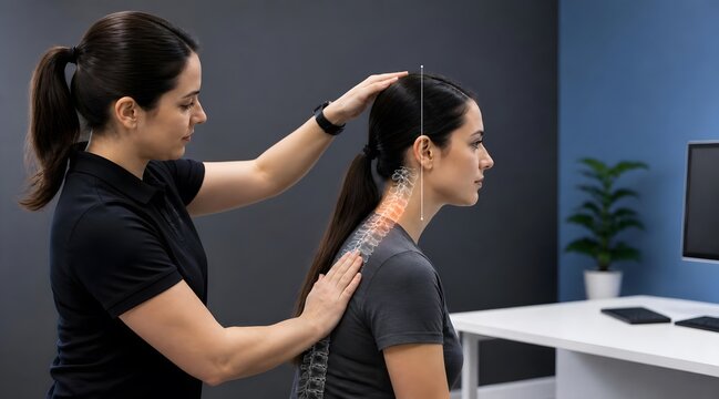 Physiotherapist, woman and posture check in clinic with digital spine overlay, neck alignment and physical therapy. Specialist, patient and healthcare in office with medical scan, wellness advice