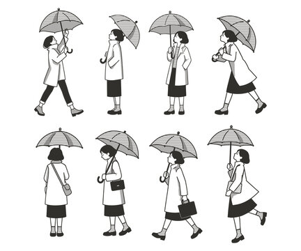 Umbrella Woman Rainy Day Pose Set Black Line Vector Illustration