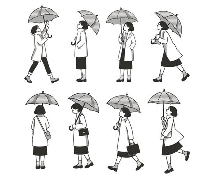 Umbrella Woman Rainy Day Pose Set Black Line Vector Illustration