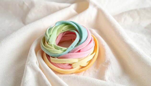 Artfully coiled pastel fruit taffy confection arranged in a nest on soft fabric