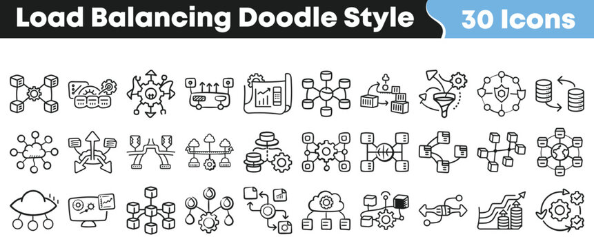 Collection of thirty hand drawn load balancing icons for web development