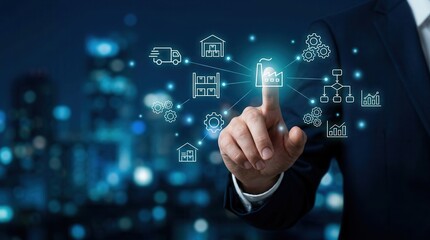 Fototapeta premium Effective production management and operational strategy visualized through digital icons.