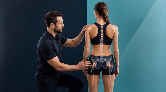 Chiropractic, woman and physiotherapist with spine anatomy for health, posture correction and medical treatment. Doctor, exercise and therapy with professional care, healing and wellness center staff