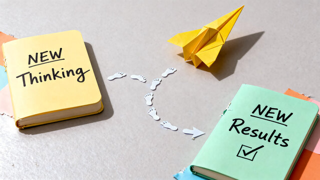 Business concept new thinking leads to new results with paper airplane problem solving innovation creative business strategy planning transformation stickers improvement development