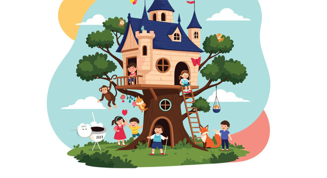 Magical wooden treehouse built into a large tree where happy children play alongside friendly forest animals like foxes and monkeys.